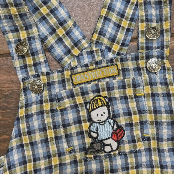 *Vintage Baby Boy Overalls 6-9M Blue Yellow Plaid Lil Builder Construction Theme - Picture 5 of 9